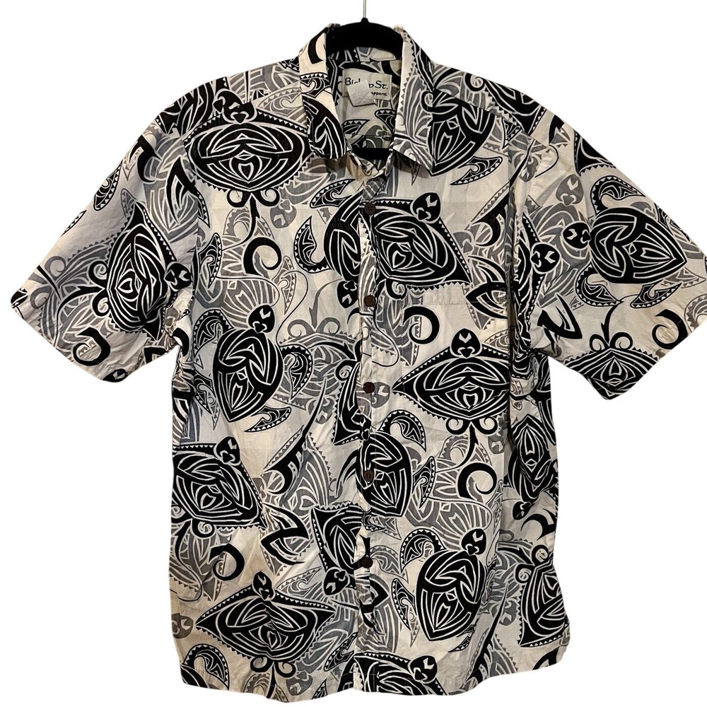 Bishop St Hawaiian Short Sleeve Button Shirt Men's Size L White Blue Turtles
